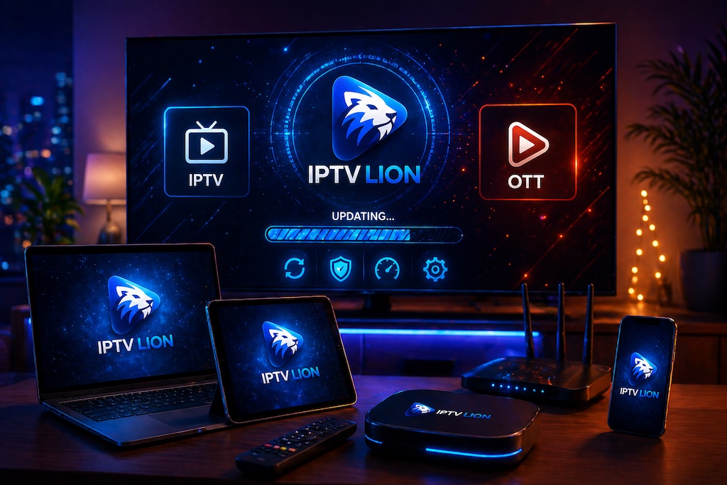 Mise à jour IPTV et OTT sur TV et appareils connectés avec logo IPTV Lion et expérience multi-écrans
