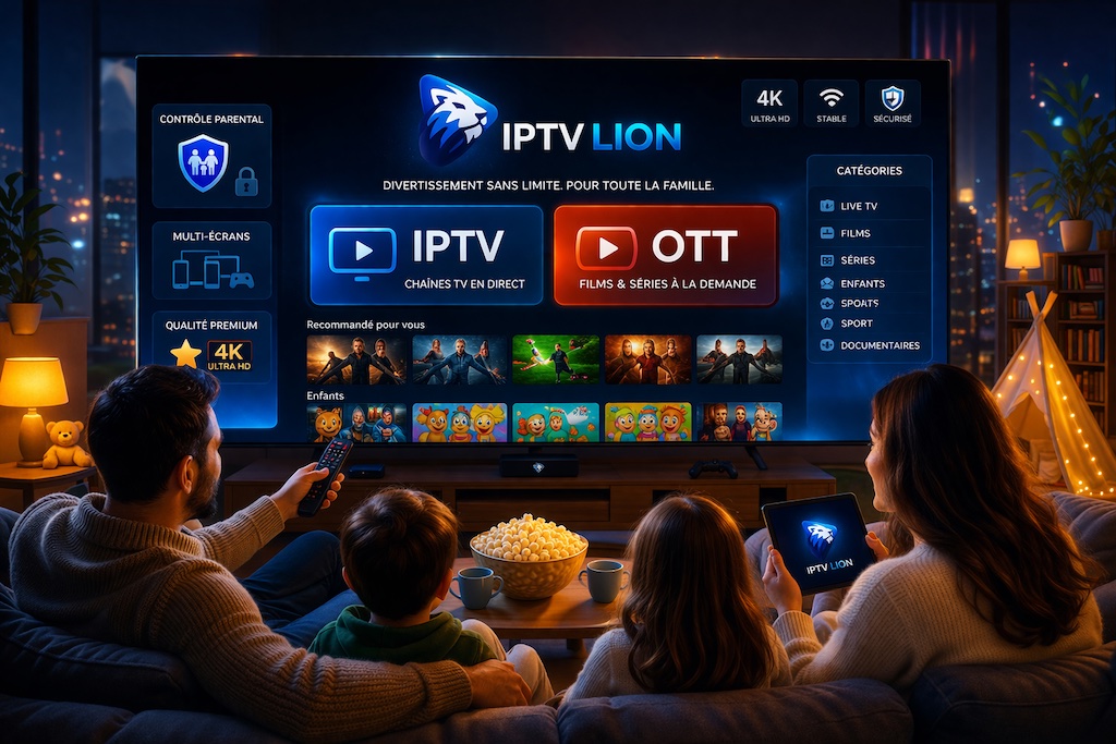 Famille regardant IPTV et OTT sur TV 4K avec contrôle parental et contenu multi-écrans