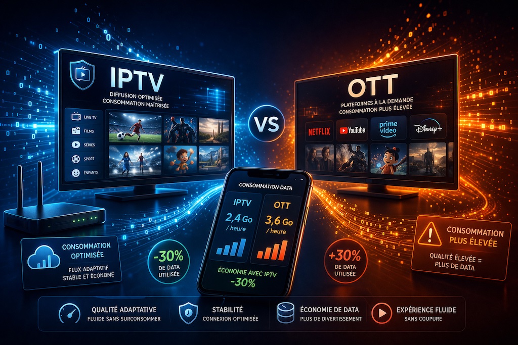 Comparaison IPTV vs OTT consommation data streaming mobile et TV optimisation bande passante